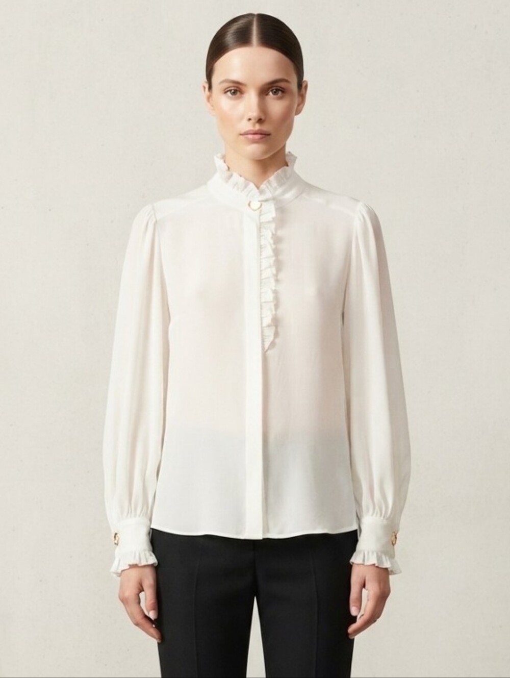 Suncoo Paris Ruffled Mock Neck White Silk-Blend Long Sleeve Blouse T2 / Medium